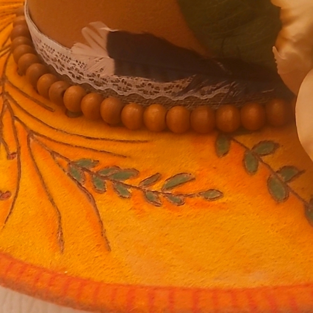 Hand Crafted Beige Orange Floral Bolero Hat Burned Outlines  Feathers Flowers - Picture 8 of 15